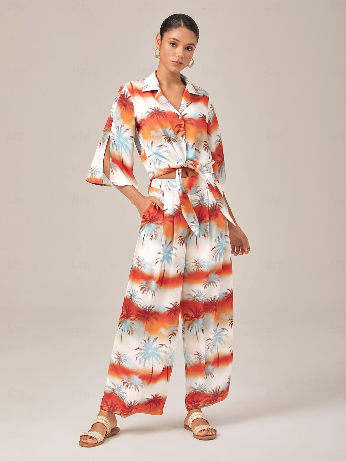 ensemble haut court à col cubain fleuri et pantalon large de 2025 ? $78.99 –P1
