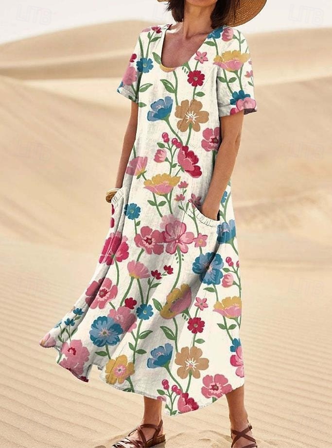 Per donna Abito maxi Abito a Tubino Abito a trapezio Vacanza Casual Boho Uscire Vestibilità standard Floreale Grafico Senza Maniche Collo a U Bianco Rosso Blu Arancione Estate Primavera del 2025 a $29.99 –P4