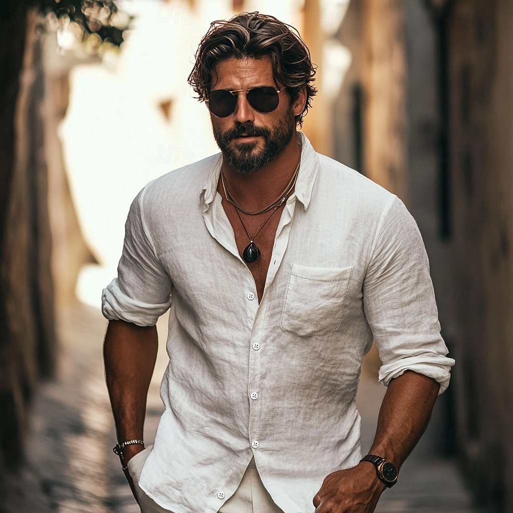 Per uomo Camicia Camicia di lino Camicia Estiva Camicia da Spiaggia Camicia con Bottoni Camicie sbottonate Semplice All'aperto Streetwear Nero Bianco Azzurro cielo Cachi Manica Lunga Collo ripiegato del 2025 a $21.99 –P1