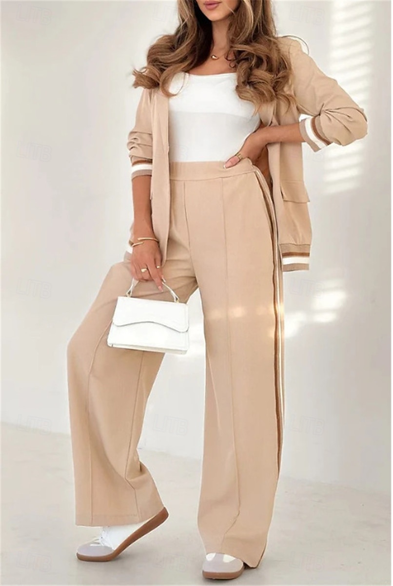 Seturi elegante de modă pentru femei pantaloni de stradă costume de blazer cămașă cu mânecă lungă guler dungi exterior lucru negru alb maro vară regular fit 2025 - $44.99 –P1