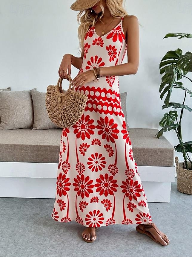 Női Maxiruha A vonalú ruha Slip ruha Szabadság Alkalmi Boho Parti Alkalmi Standard Virágos Grafika Ujjatlan V-alakú Narancssárga piros Fekete Medence Lóhere Nyár Tavasz 2025 - $31.99 –P4
