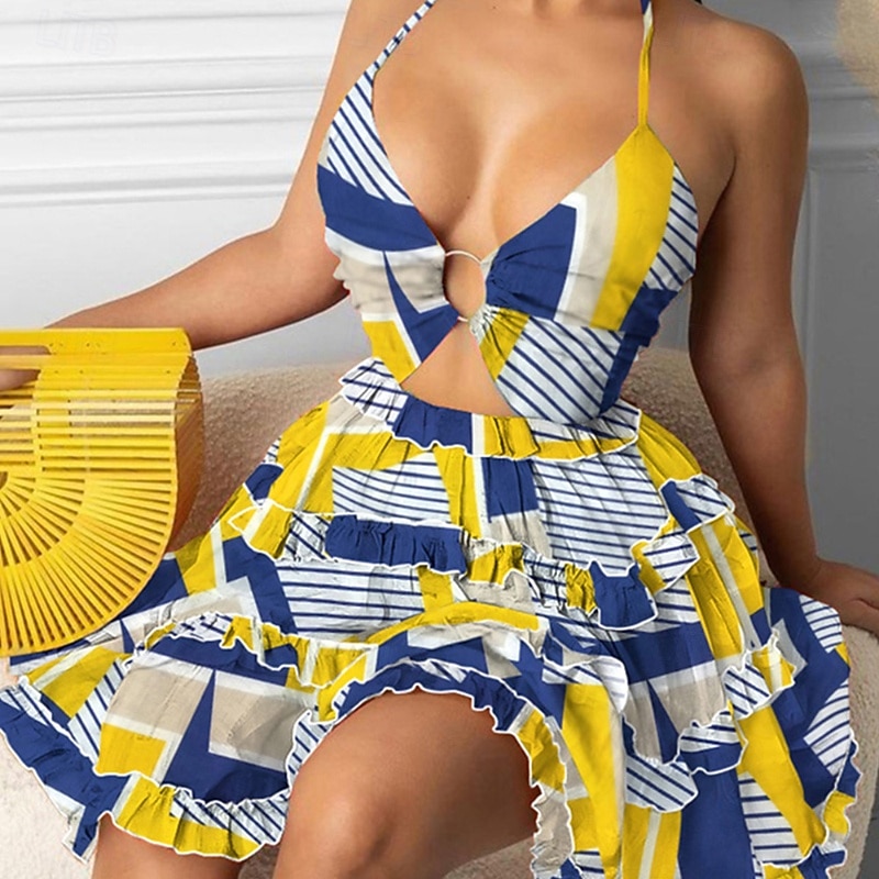 Femmes Mini Robe Robe à Volants Robe Fleurie Robe Imprimée Mode Extérieur Vacances Sortir Coupe régulière Fleur Sans manches Col Halter Jaune Rose Claire Rouge Vert Été de 2025 ? $25.99 –P11