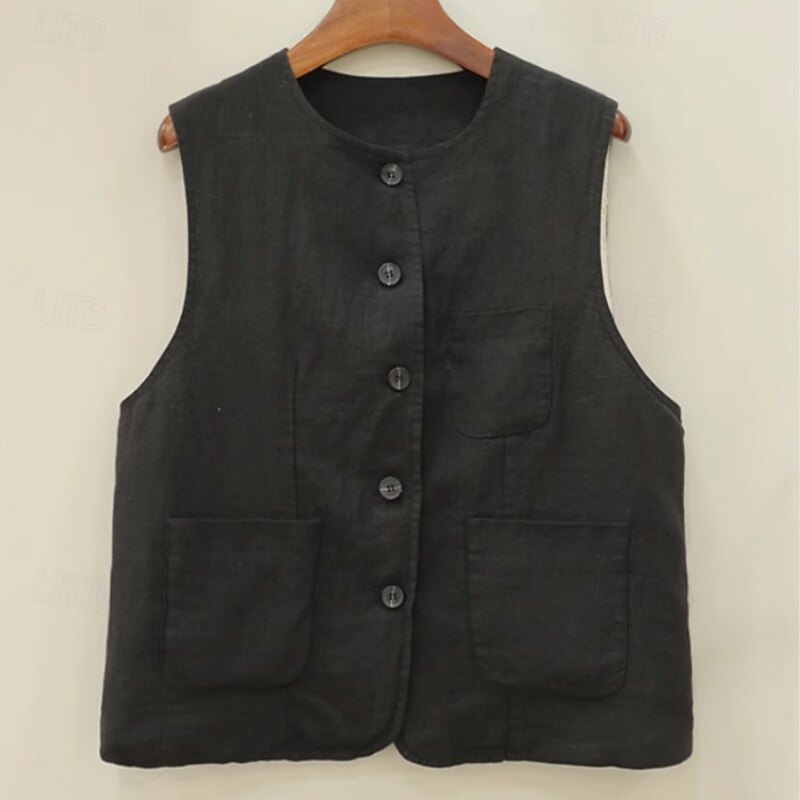 Femmes Chemises inspirées du lin Uni Actif Occasionnel Sans manches Col ras du cou Hauts Réguliers Quotidien Fête Sortir Boutons Avec Poches Noir Vert Abricot Été de 2025 ? $32.99 –P18