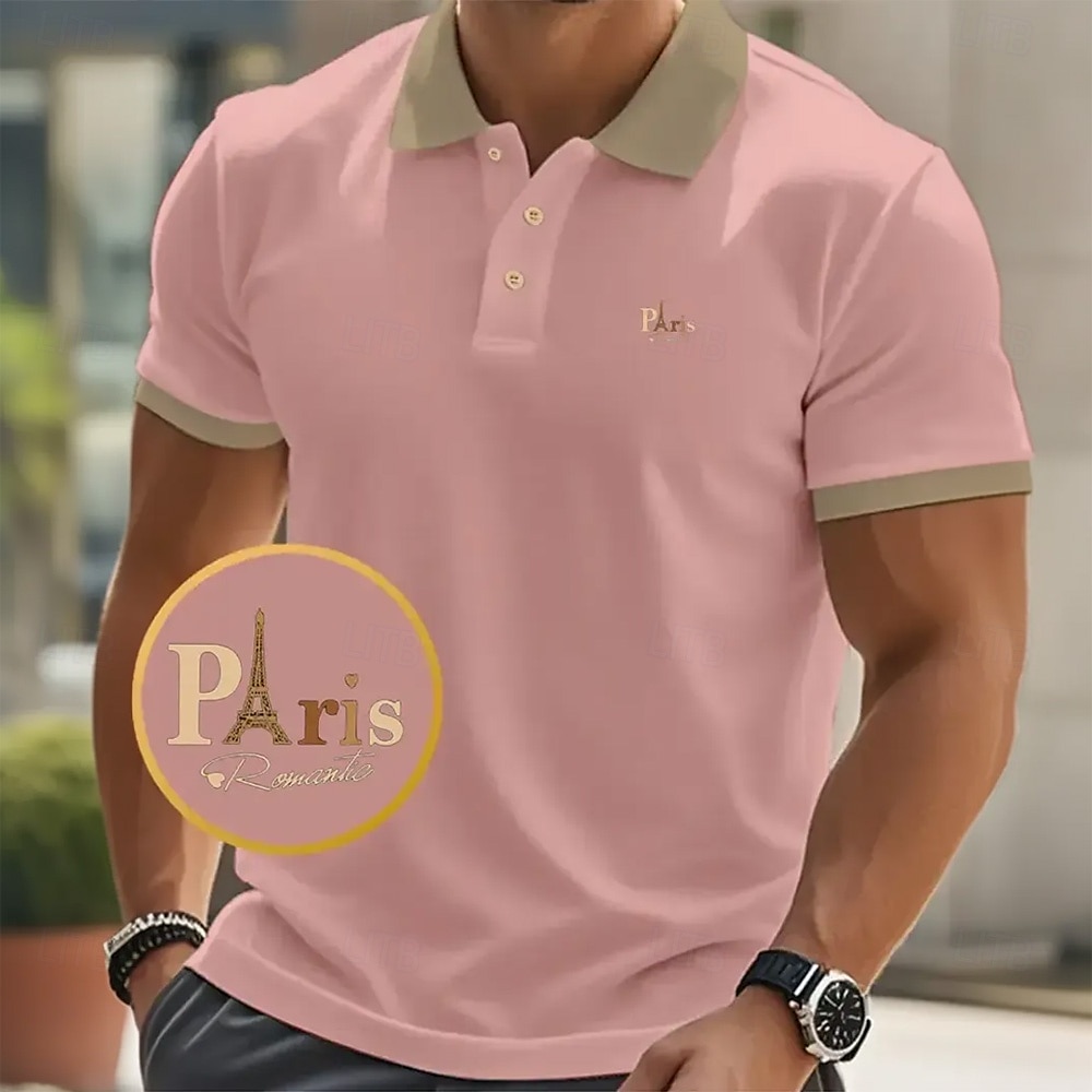 Men's Text Eiffel Tower Polo Short Sleeve Polo Shirts Collared Shirts Business Casual School Athleisure Daily Wear 3D Print Summer Black Pink Navy Blue 2025 - $23.99 –P2