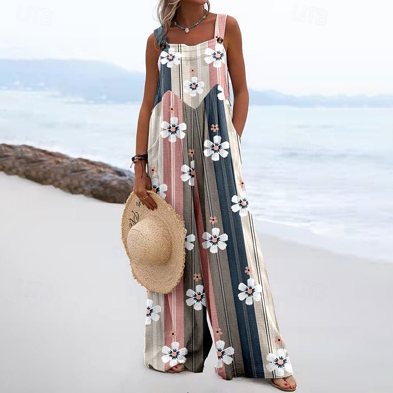 Women's Floral Print Dungarees Jumpsuit Streetwear Sleeveless U Neck Pocket Street Daily Regular Fit Pink Navy Blue Light Grey Summer 2025 - $26.99 –P1