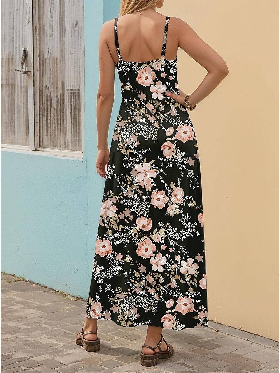 Damen Maxikleid A Linie Kleid Unterkleid Urlaub Lässig Boho Hochzeit Outdoor Ausgehen Normale Passform Blumen Grafik Ärmellos V Ausschnitt Rosa Blau Orange Sommer Frühling 2025 - $34.99 –P2