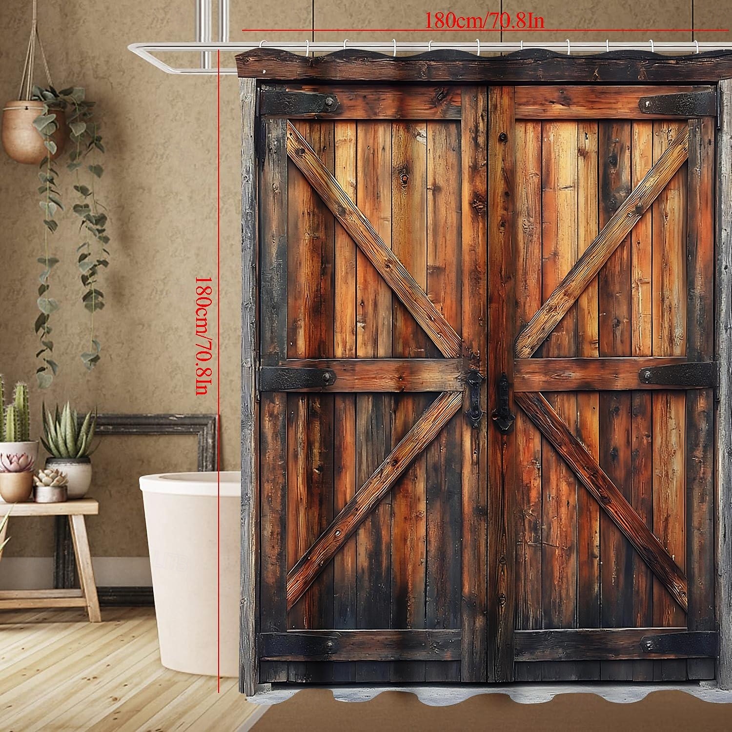 Zuhanyfüggöny 12 kampóval 180cm*180cm (70"*70") poliészter gépben mosható vízálló vintage hamis ajtó pajta minta 2025 - $19.99 –P7
