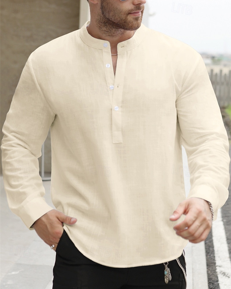 Per uomo Camicia Camicia di lino Camicia popover Camicia casual Camicia di cotone Semplice Vacanza Camicia hawaiana Nero Bianco Giallo Verde chiaro Manica Lunga Colletto alla coreana Primavera Autunno del 2025 a $24.99 –P2