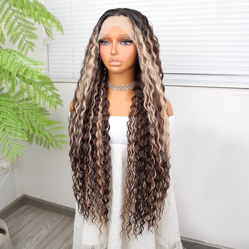 Syntetisk blonderparykk Dyp krøllete Stil 32 tommers Nyanse Midtdel 13x4x1 T Del Blonde foran Parykk Dame Parykk Lysebrun / rødbrun 2025 - $78.99 –P3