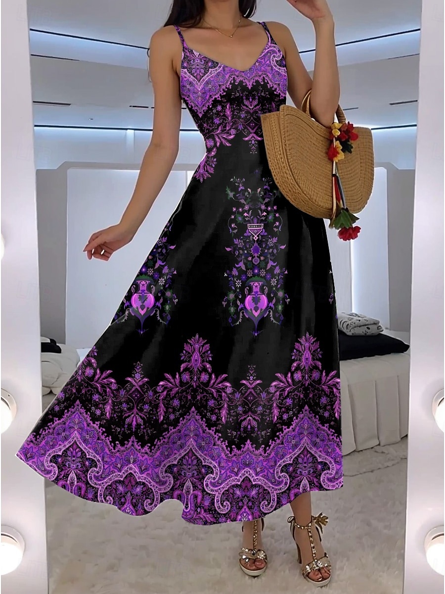 Women's Maxi Dress A Line Dress Slip Dress Vacation Casual Boho Going out Beach Regular Fit Floral Graphic Paisley Sleeveless V Neck Black Red Blue Purple Summer Spring 2025 - $34.99 –P5