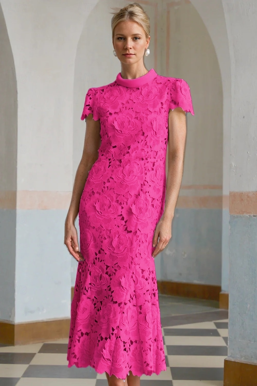 Robe Cocktail Colonne Jaune Bleue Élégante Robe Brodée Mariage Formelle Longueur Cheville Manches Courtes Col Montant Dentelle avec Fente de 2025 ? $151.99 –P9