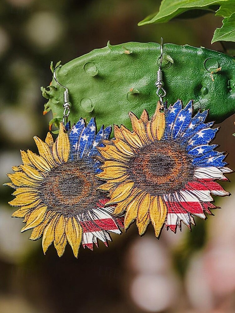 Pendientes colgantes de madera con diseño de girasol y bandera estadounidense para mujer: joyas ligeras de estilo bohemio patriótico para el Día de la Independencia, el 4 de julio, el Día de los Caídos y festivales de verano. 2025 - $7.99 –P2