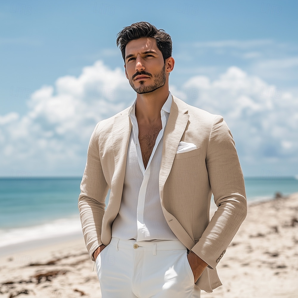 Blazer de lino para hombre chaqueta deportiva moda casual verano blazer de color sólido caqui beige corte estándar de un solo botón 2025 - $75.99 –P3