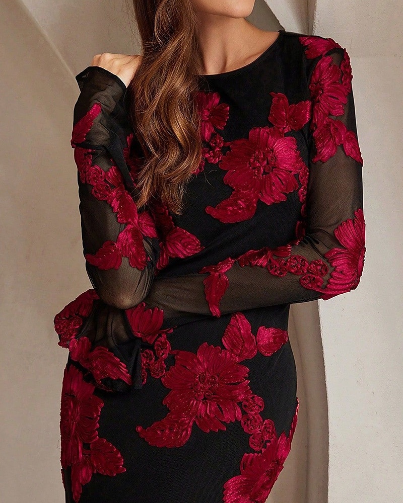 Floral Lace Applique A-Line Evening Gown Elegant Dress Semi Formal Wedding Guest Dress Floor Length Flared Long Sleeve Crew Neck 2025 - $158.99 –P5