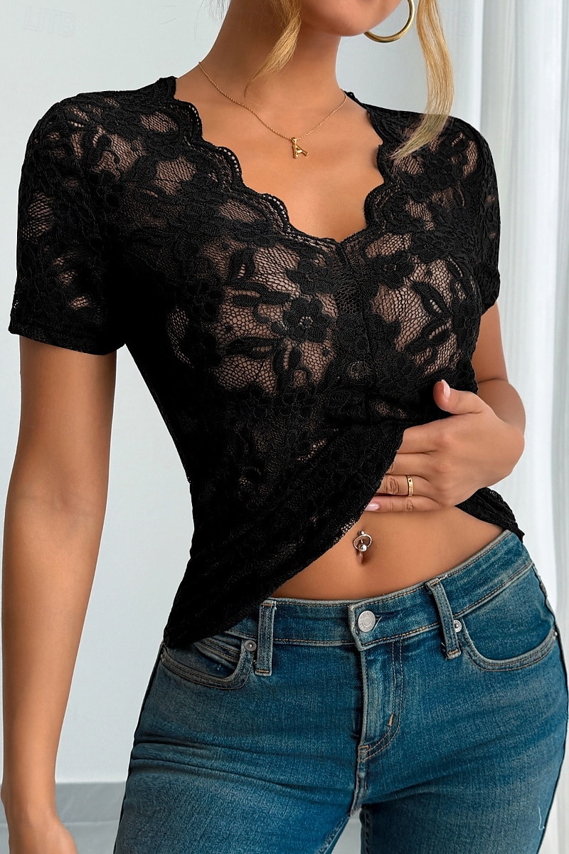 Femmes Chemisier Hauts en dentelle Uni Élégant Moderne Manche Courte Col en V Hauts Réguliers Fête Sortir Dentelle Noir Blanche Vert Été de 2025 ? $21.99 –P17