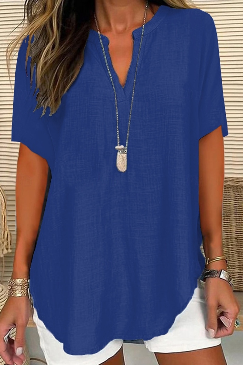 Per donna Camicia Blusa Camicie di cotone e lino Semplice Essenziale Casual Manica Corta Scollo a V Top Regolari Quotidiano Ferie Orlo asimmetrico Nero Bianco Blu Viola Estate del 2025 a $25.99 –P3