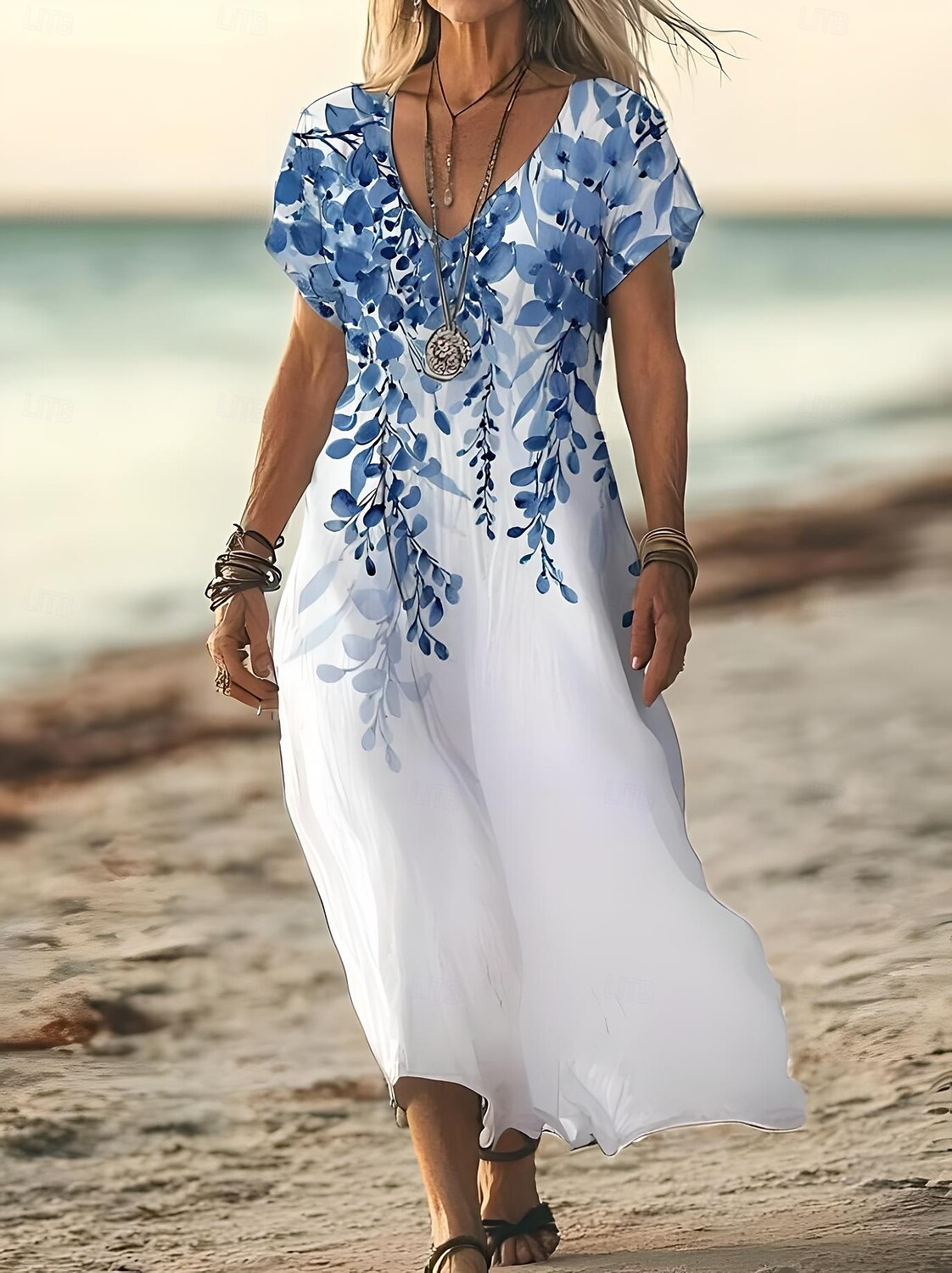 Per donna Abito Midi Vestito Estivo Abito a trapezio Vacanza Casual Spiaggia Uscire Spiaggia Vestibilità comoda Floreale Grafico Astratto Manica Corta Scollo a V Blu chiaro Bianco Blu Estate Primavera del 2025 a $28.99 –P2
