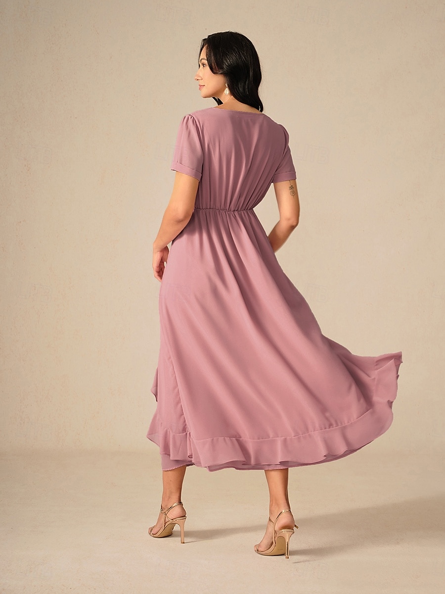 Damen Maxidress A Linie Kleid Elegant Ausgefallene Hochzeit kleid hochzeitsgast Lockere Passform Feste Farbe Kurzarm Asymmetrisch V Ausschnitt Erröten Sie Rosa Sommer Frühling 2025 - $23.59 –P2