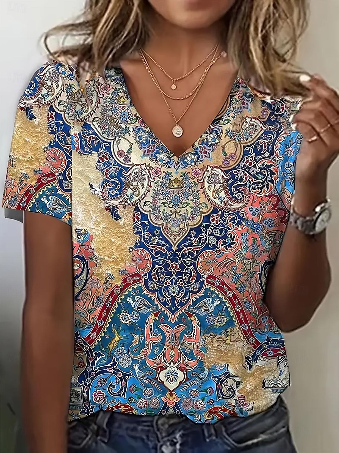 Dam T-shirt Summer Tops Grafisk Geometrisk Klassisk Ledigt Kortärmad V-hals Crop Tops Dagligen Helgen Mönster Regnbåge Sommar Vår Höst 2025 - $15.99 –P1