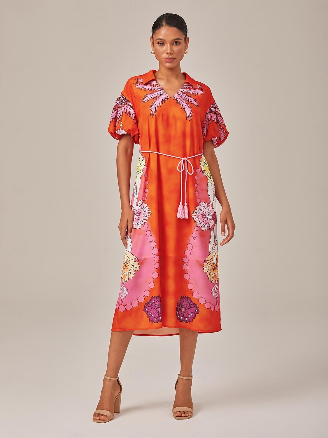 Vacation Style Orange Placement Floral Maxi Dress 2025 - $76.99 –P3