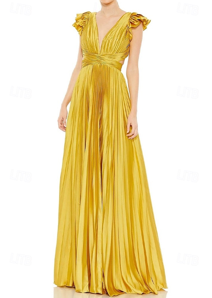 Vestido rosa choque, corte A, vestido de noite, vestido plissado, formal, casamento, comprimento até o chão, sem mangas, decote profundo, cetim com babados, 2025 de 2025 por $144.99 –P4