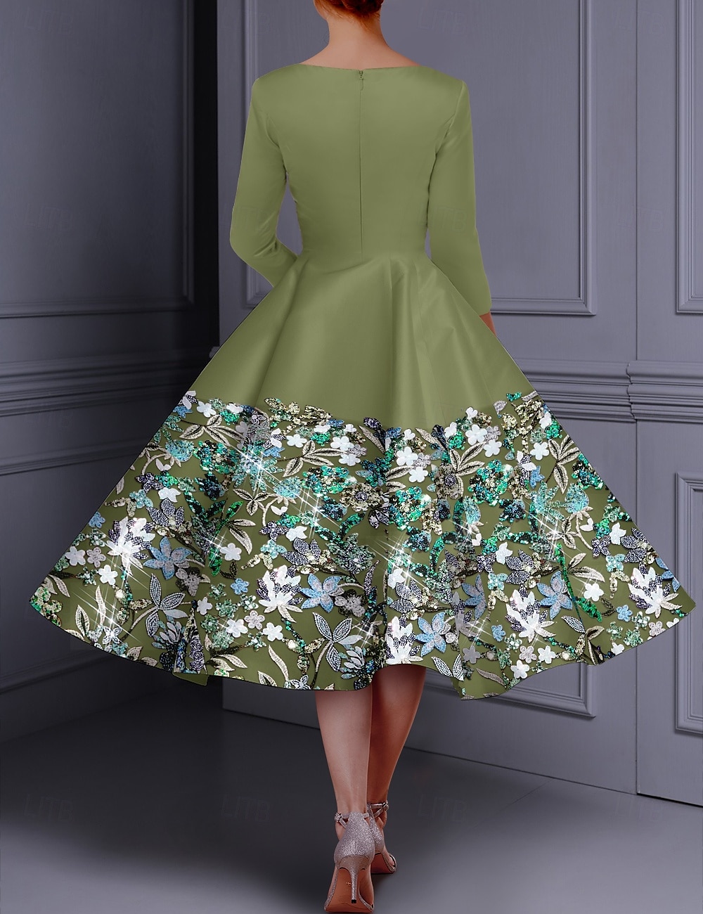 Robe cocktail élégante en A brodée floral robe formelle mariage longueur cheville manches longues col crew satin avec fente de 2025 ? $168.99 –P4