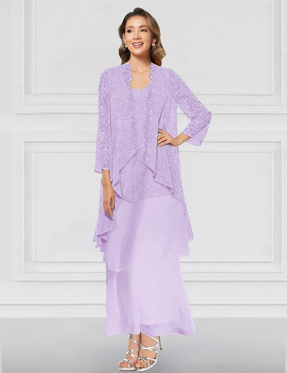 Ensemble de robes A-Linie deux pièces vert bleu rose mère de la mariée élégante col ras du cou longueur cheville en chiffon à manches longues avec veste en dentelle volants niveau de 2025 ? $158.99 –P7