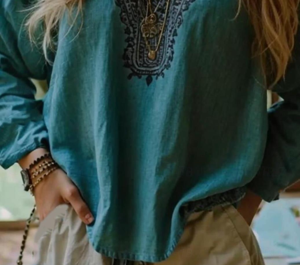 Blouse boho femme graphique florale bohème vintage tropicale à manches 3/4 col en V haut régulier bleu été printemps de 2025 ? $24.99 –P3