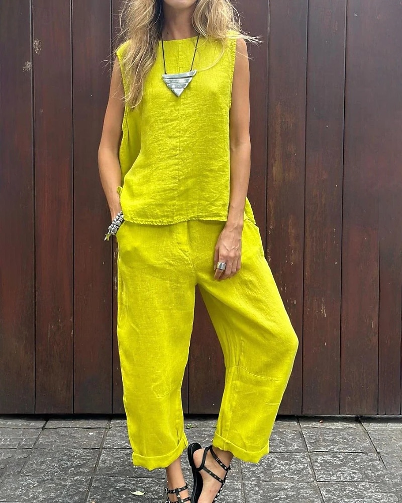Femmes Actif Chemisier Ensembles de Pantalons Sans manches Col ras du cou Couleur Unie Fête Week-end Noir Jaune Bleu Été Coupe régulière de 2025 ? $24.99 –P1