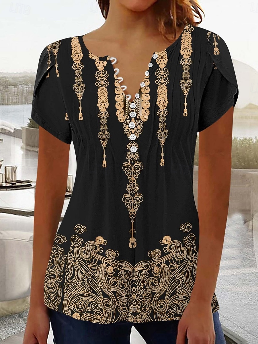 Dame Bluse Blomstret Grafisk Stilfull Fritid Kortermet V-hals Vanlige topper Daglig Knapper Trykt mønster Svart Gul Rosa Grønn Sommer 2025 - $23.99 –P4