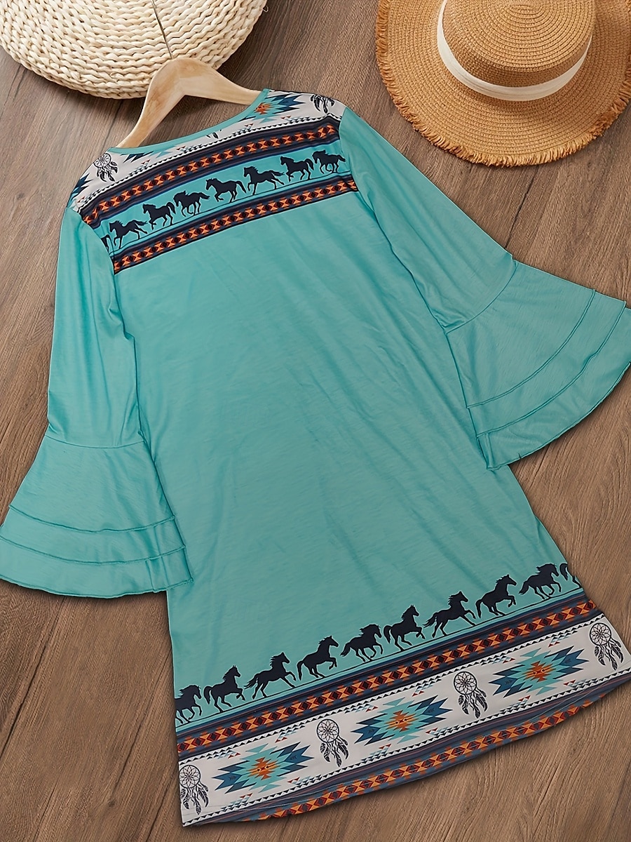 Women's Mini Dress Sundress A Line Dress Vacation Casual Boho Going out Beach Regular Fit Graphic Tribal 3/4 Length Sleeve V Neck Green Summer Spring 2025 - $46.99 –P3