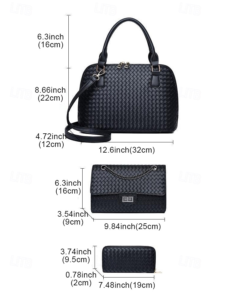 Women's 3-Piece Brown Woven Faux Leather Handbag Set – Elegant Tote, Crossbody Bag, and Wallet for Work, Travel, and Daily Use Black White Pink 2025 - $46.99 –P10