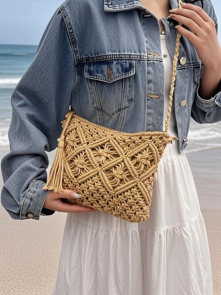 női kézzel szőtt boho crossbody táska – vintage makramé válltáska bojttal tengerparti nyaraláshoz és hétköznapi ruhákhoz szín fekete fehér rózsaszín 2025 - $14.99 –P6