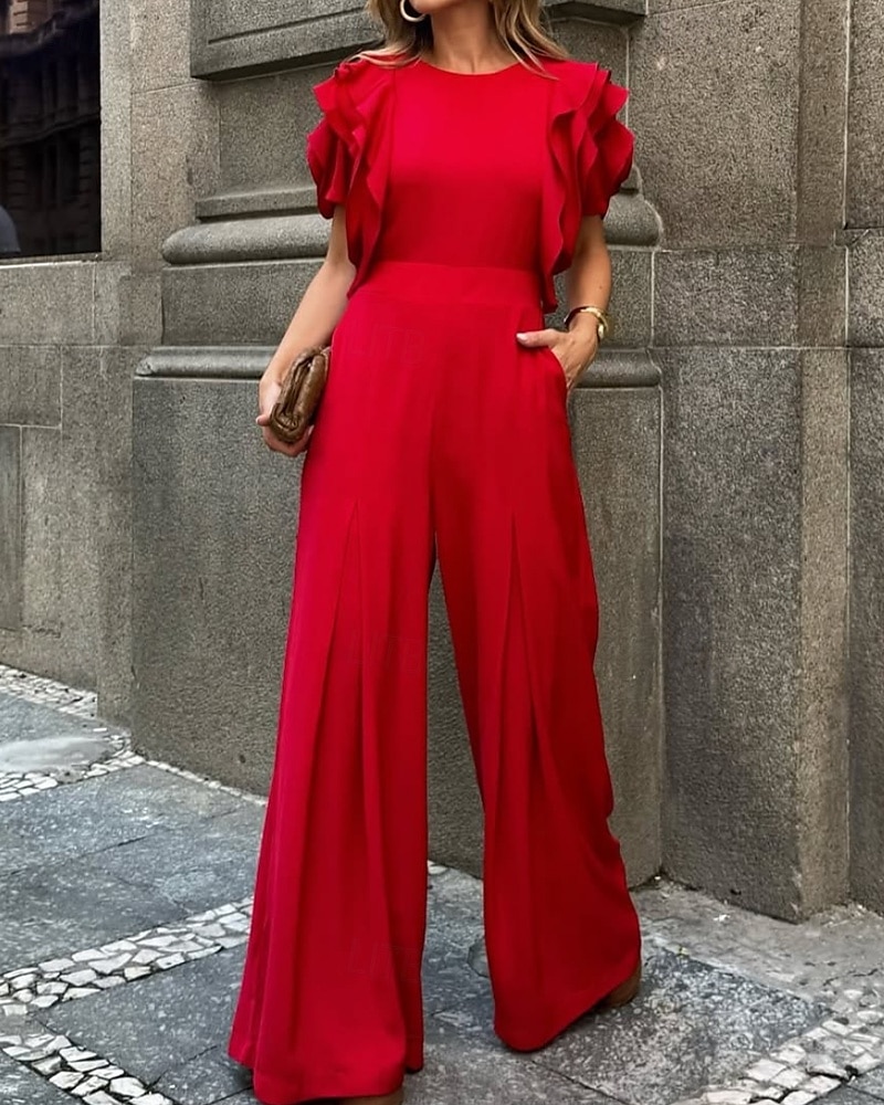 Macacões Vestido de Festa Vintage Semi Formal Convidada de Casamento Comprimento do Chão Sem Mangas Decote Redondo Crepe Esticável com Volantes de 2025 por $154.99 –P1