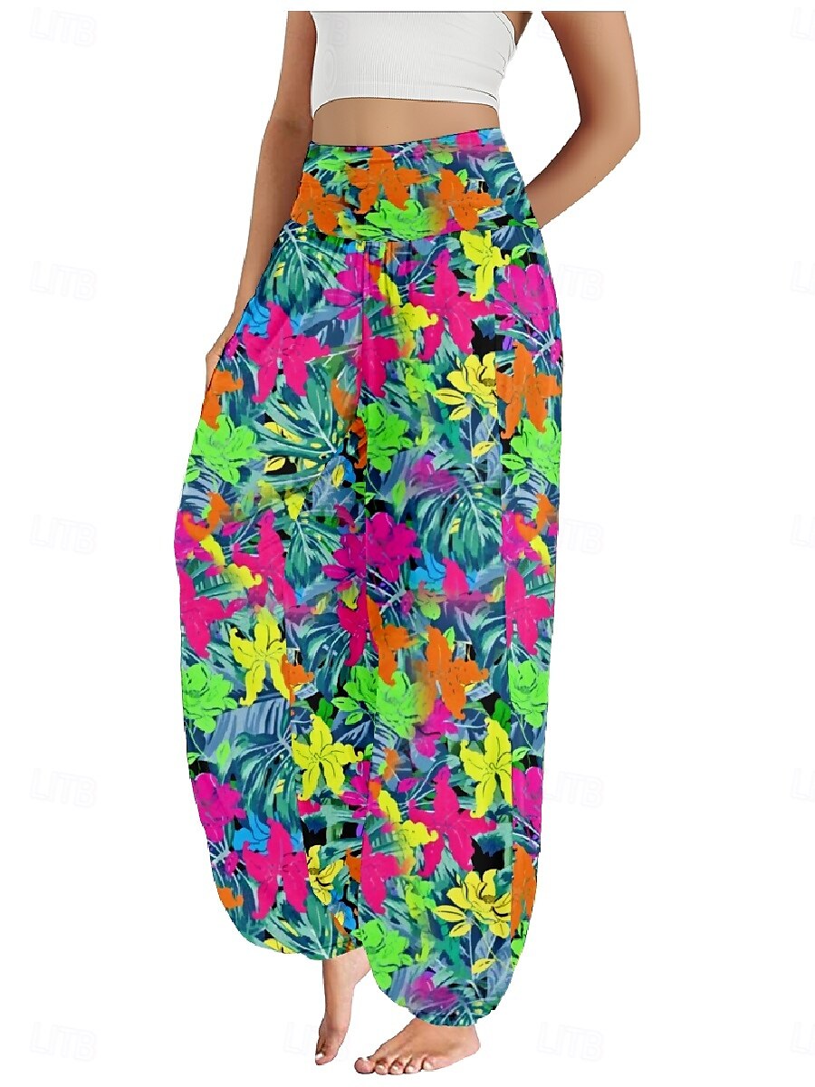 Women's Linen-Inspired Pants Wide Leg Pants Trousers Ethnic Style Casual Boho Full Length High Waist Floral Graphic Pocket Elastic Waist Printing Breathability Soft Micro-elastic Outdoor Yoga Blue 2025 - $21.99 –P1