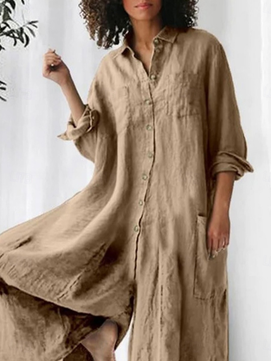 Damen Jumpsuit Aktiv Einfarbig Langarm Weit Bein Hemdkragen Knöpfe Tasche Urlaub Täglich Reguläre Passform Armeegrün Marineblau Khaki Sommer 2025 - $37.99 –P2