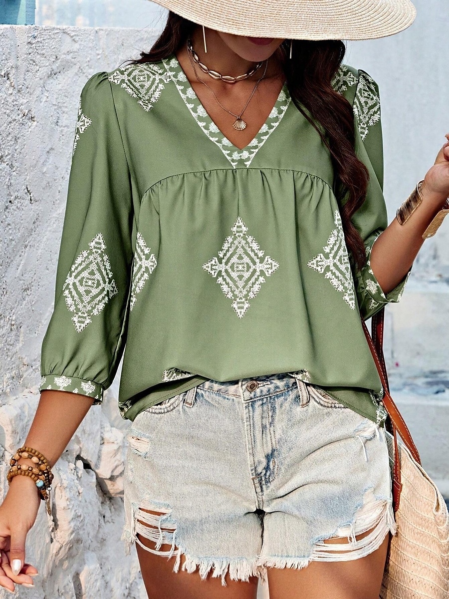 Mulheres Blusa Geométrica Boêmia Casual Manga 3/4 Manga Princesa Decote V Tops regulares Diário Imprimir Rosa Azul Marinha Roxo Verde Verão Primavera de 2025 por $22.99 –P11