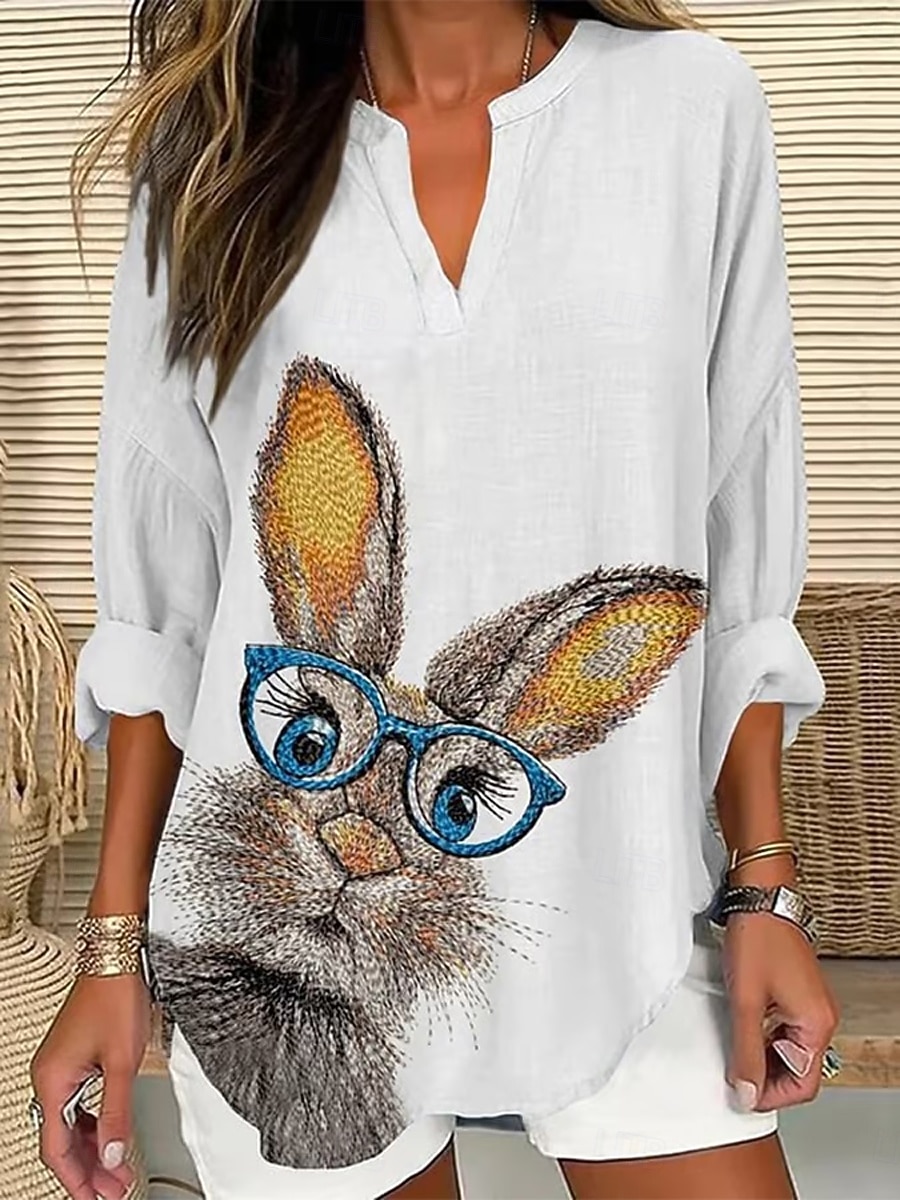 Bluzka damska z lnu przewiewna lekka tunika dekolt w serek długi rękaw boho casual graficzny zwierzęcy vintage tropikalna codzienne regularne topy codzienne noszenie nadruk czarna biała niebieska 2026 - $32.99 –P1