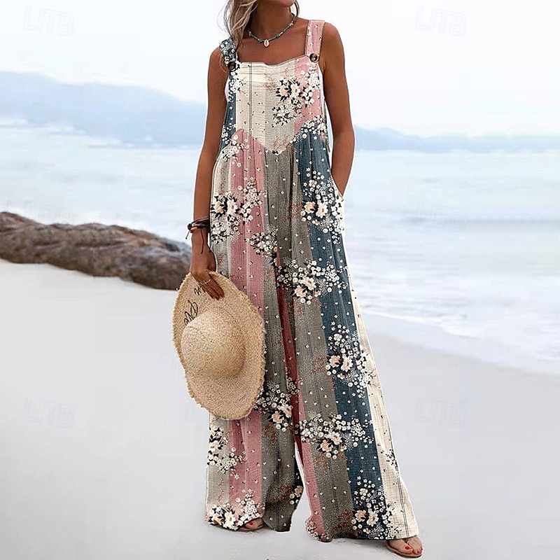 Women's Floral Print Dungarees Jumpsuit Streetwear Sleeveless U Neck Pocket Street Daily Regular Fit Pink Navy Blue Light Grey Summer 2025 - $26.99 –P3