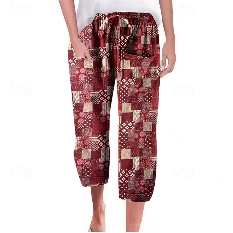 Dam Shorts i bomullslinne Linneinspirerade byxor Byxor av linne i bomull Mode Streetwear Vadlängd Naturlig Blomma Ficka Tryck Elastisk dragsko-design Bekväm Utomhus Semester Utekväll Magenta Svart 2025 - $29.99 –P3