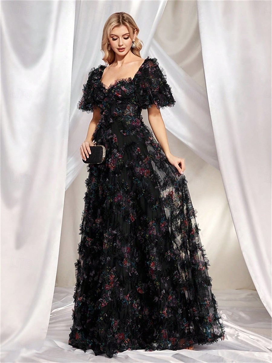 Rochii Invitată la Nuntă Rochie A-Line Corset Gât Îndulcit Mâneci Scurte cu Mâneci Burbă Lungime Podea Tulle cu Micro Volane 2025 - $189.99 –P14