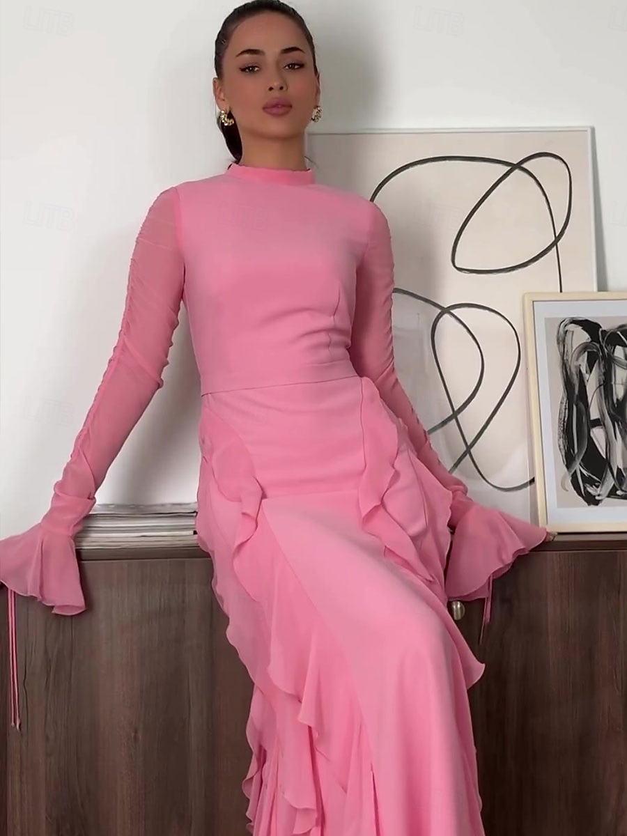 A-Lijn Roze Elegante Jurk Bruiloft Bruiloft Gast Vloerlengte Lange Mouw Hoge Hals Chiffon Met Ruffles 2025 - $89.99 –P1