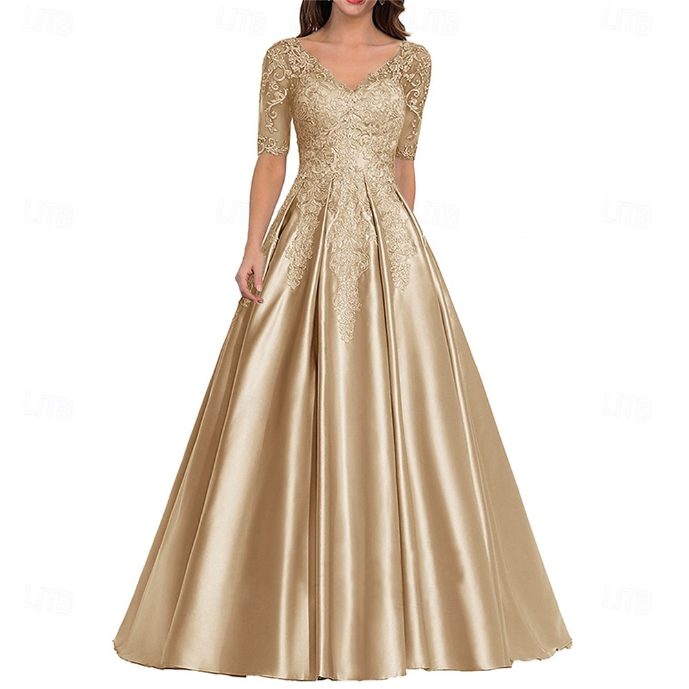 Robe Robe de Mère de Mariée  Élégant ancien Col en V Longueur au sol Polyester Manche Courte avec Couleur Unie 2025 de 2025 ? $109.99 –P4