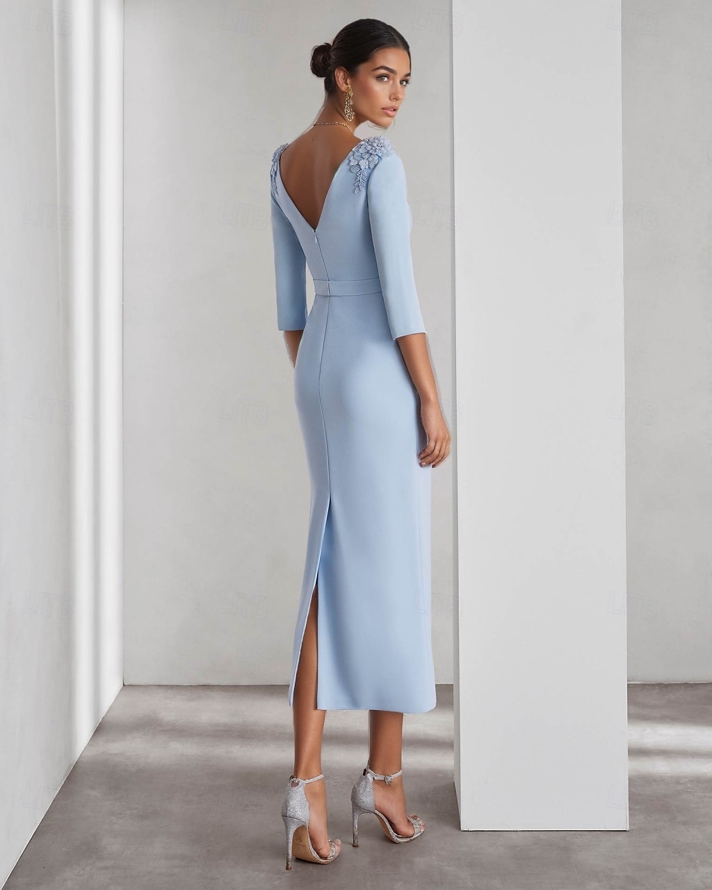 Rochii cocktail tip teacă  coloană elegantă pentru nuntă rochie formală lungime până la glezne cu mânecă de 3/4 guler rotund din crep elastic cu fante 2025 - $132.99 –P2
