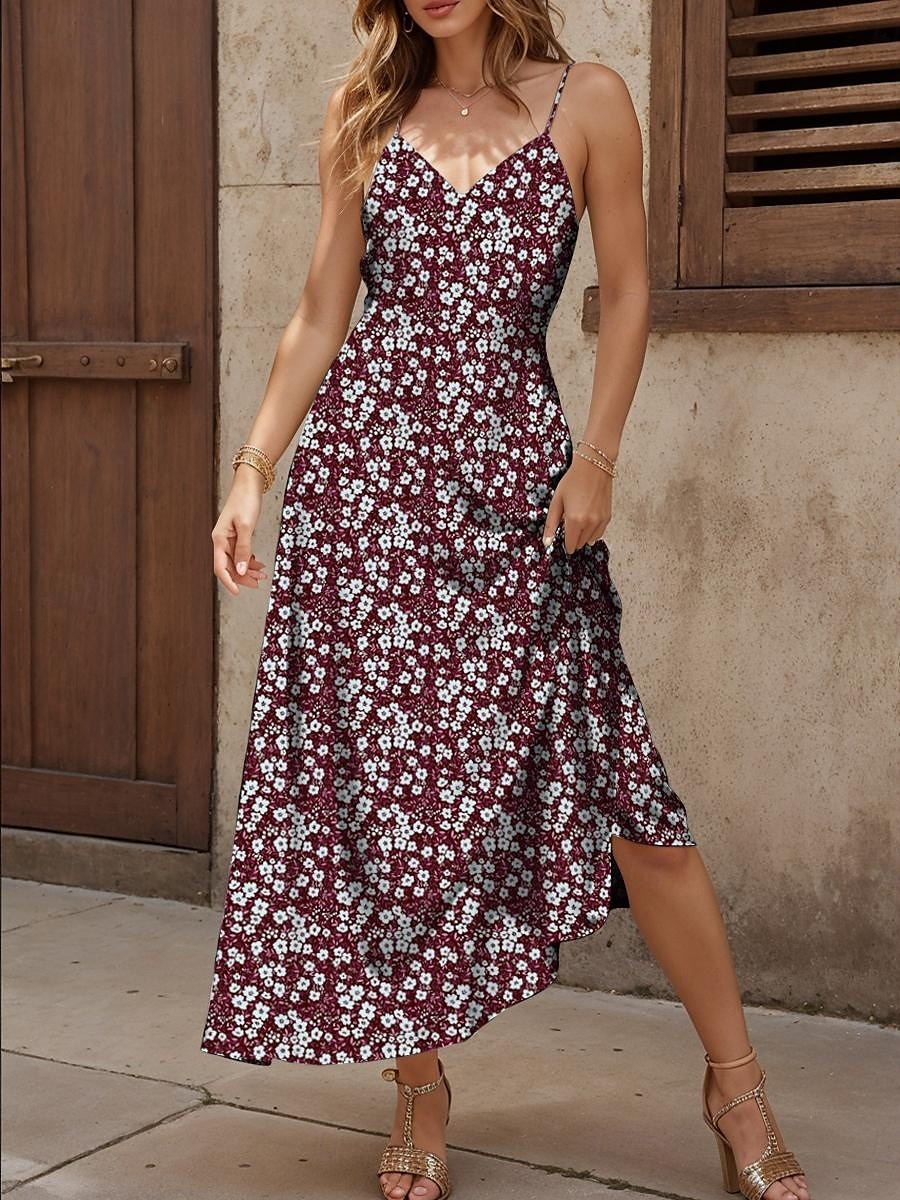 Women's Maxi Dress Sundress A Line Dress Summer Dress Slip Dress Elegant Vacation Casual Regular Fit Floral Graphic Sleeveless V Neck Spaghetti Strap Red Blue Green Summer Spring 2025 - $28.99 –P5