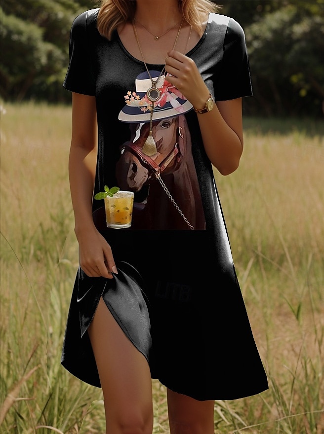 Robe Mini Femme Kentucky Derby Robe A Ligne Robe T-shirt Robe Tee Robe d'Été Décontractée Quotidien Coupe Régulière Graphique Animal Manches Courtes Col Ronde Blanc Été Printemps de 2025 ? $22.99 –P6