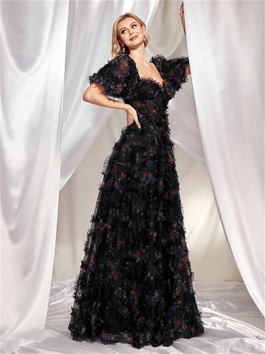 Rochii Invitată la Nuntă Rochie A-Line Corset Gât Îndulcit Mâneci Scurte cu Mâneci Burbă Lungime Podea Tulle cu Micro Volane 2025 - $189.99 –P10