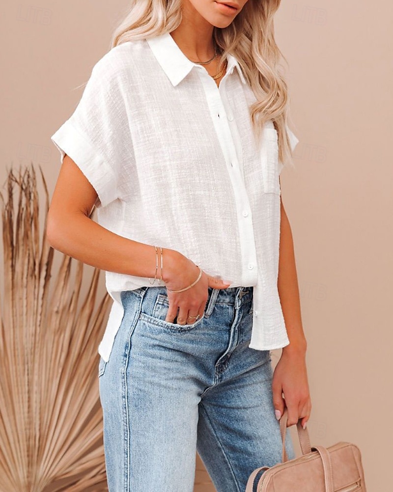Per donna Camicie di cotone e lino Blusa Semplice Moderno Casual Manica Corta Colletto a Camicia Top Regolari Ferie Uscire Bottoni Tasca Nero Bianco Rosa Estate del 2025 a $24.99 –P4