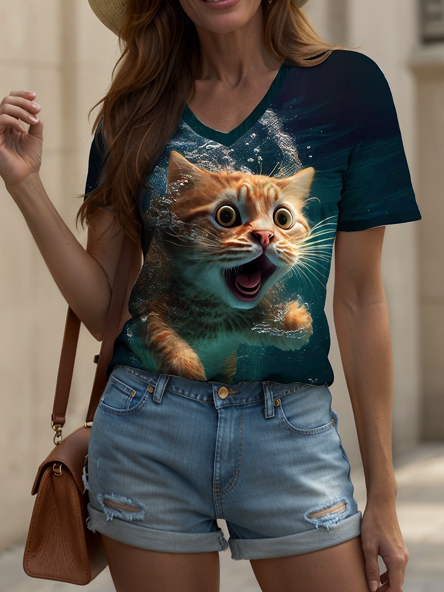 Pentru femei Tricou Grafic Animal Pisica Epocă Stilat Clasic Manșon scurt În V Topuri obișnuite Zilnic Imprimeu Trifoi Vară Primăvară 2025 - $19.99 –P1