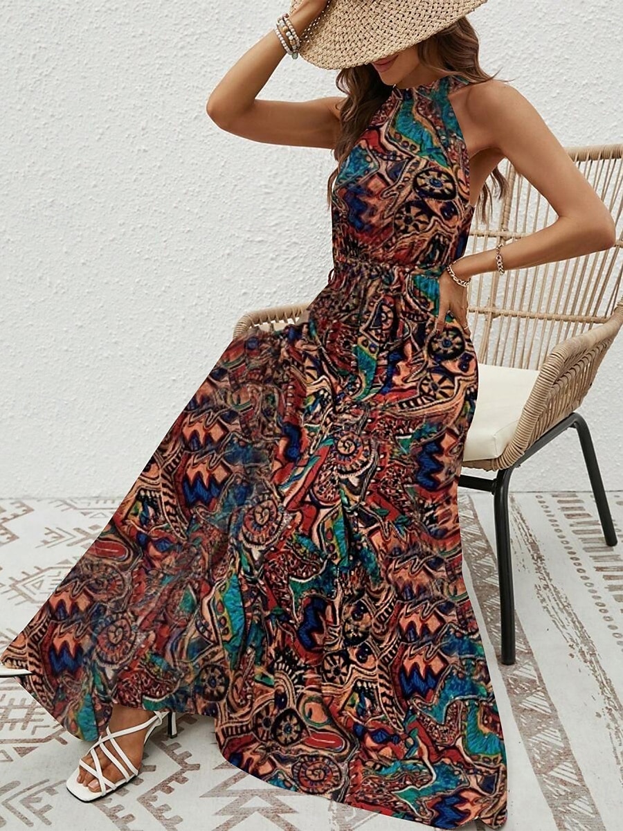 Dam Maxiklänning A linjeklänning Off Shoulder Klänning Semester Ledigt Boho Utomhus Utekväll Normal Grafisk Paisley Ärmlös Halterneck Blå Purpur Brun Aprikos Sommar 2025 - $29.99 –P1